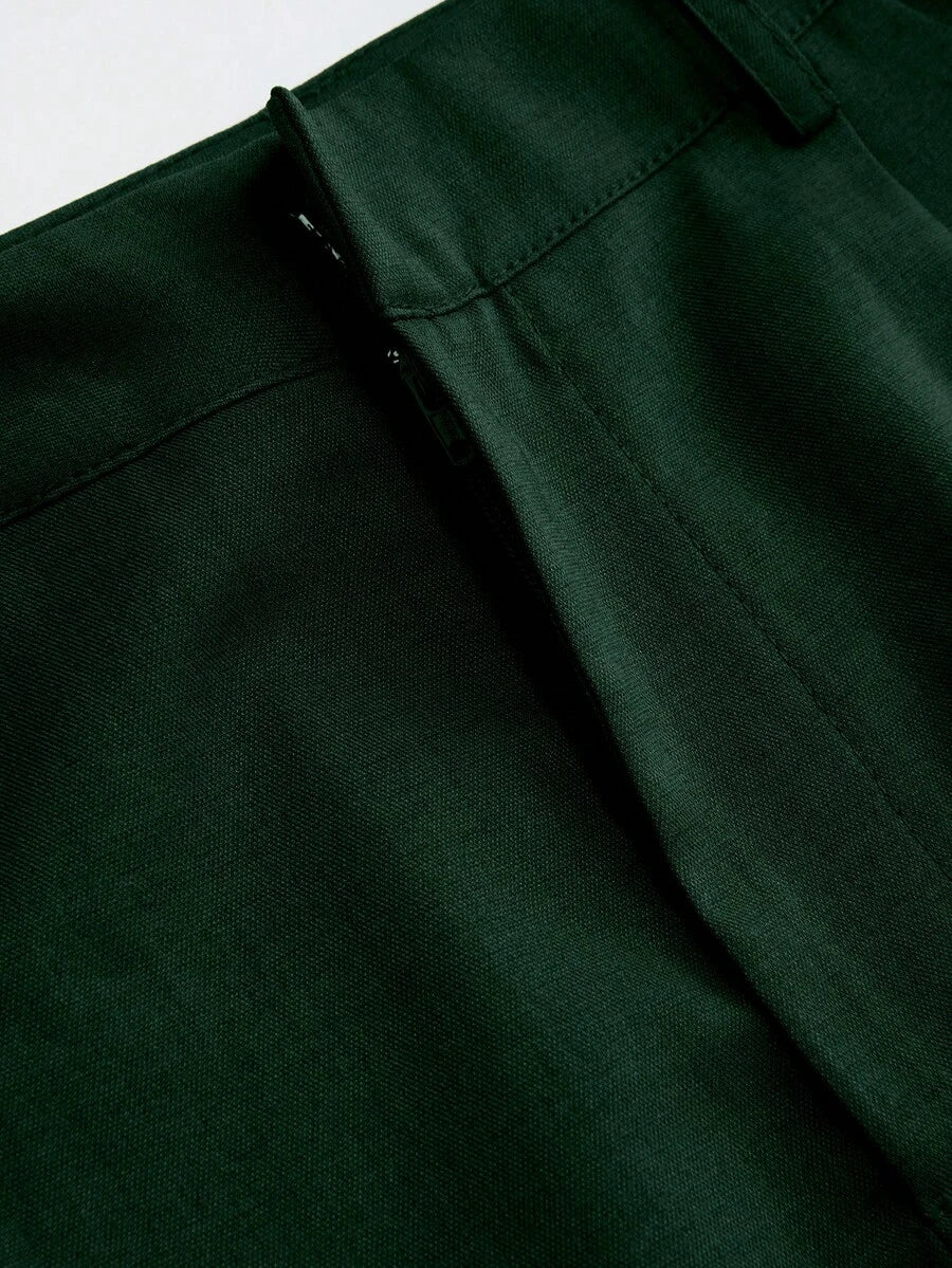 Vela Rue Minimalist Design Jumpsuit Pants, Hook & Zipper Closure, Thin Solid Green Straight Leg Trousers, Flattering Wide Leg, Fashionable All Season