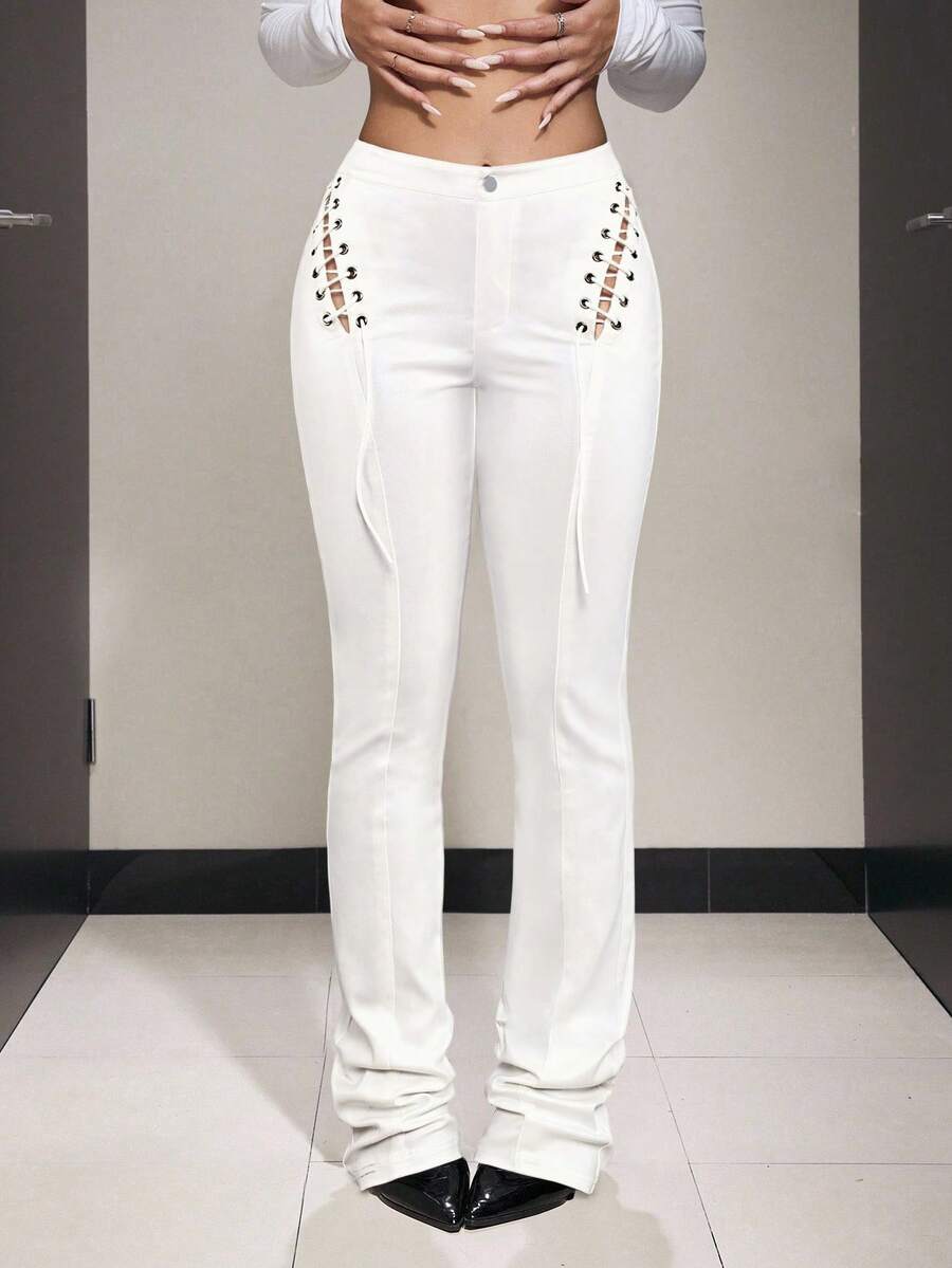 Jeanoix PU Leather Hollow-Out Lace-Up Black Flare Pants, For Women