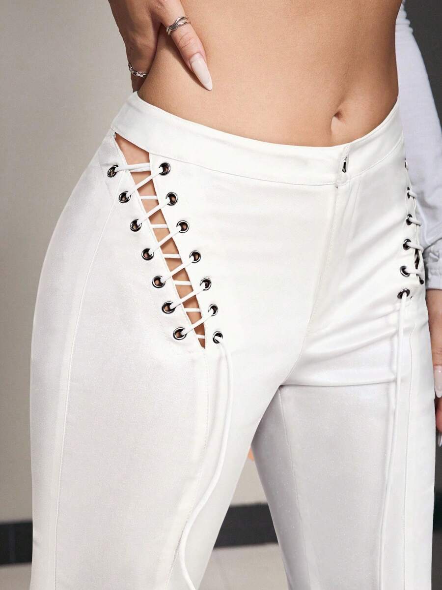Jeanoix PU Leather Hollow-Out Lace-Up Black Flare Pants, For Women