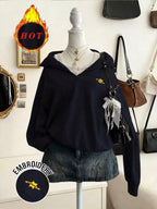 Lalippa Casual Versatile Embroidered Detail Half-Zip Collar Sweatshirt, Christmas