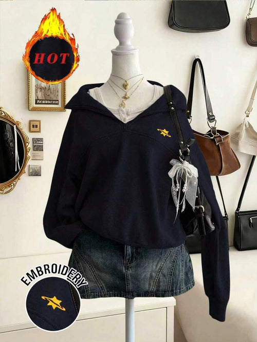 Lalippa Casual Versatile Embroidered Detail Half-Zip Collar Sweatshirt, Christmas