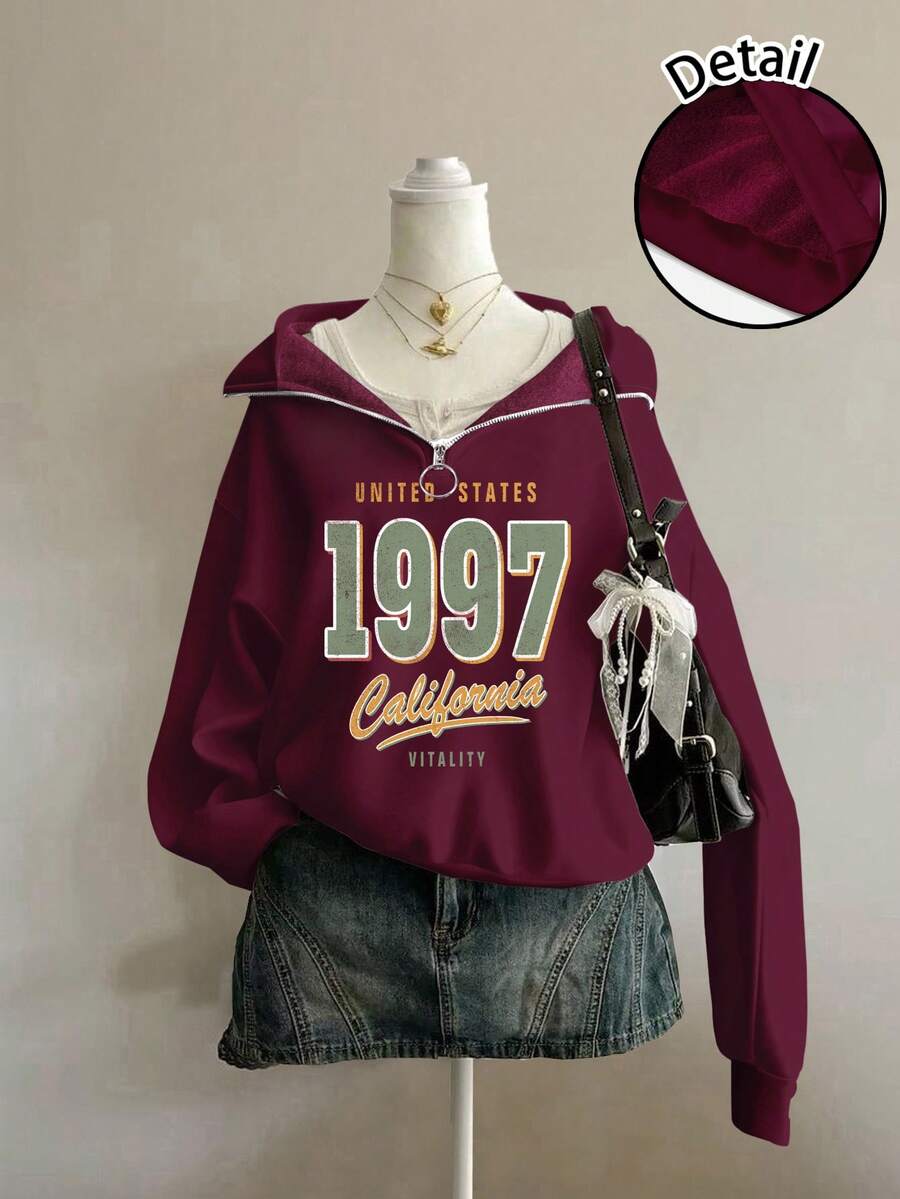 Attitoon Women's Loose Half-Zip High Neck Fleece Sweatshirt, Suitable For Autumn/Winter, Vintage, American Casual Style, 1997 Print,Fall,Chic,Grey,