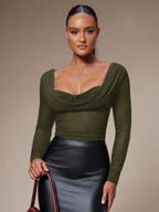 Silquee Women's Solid Color Plunging Neck Long Sleeve Fitted Fashionable Mesh Blouse See Through Top Mesh Top Top Long Sleeve Top