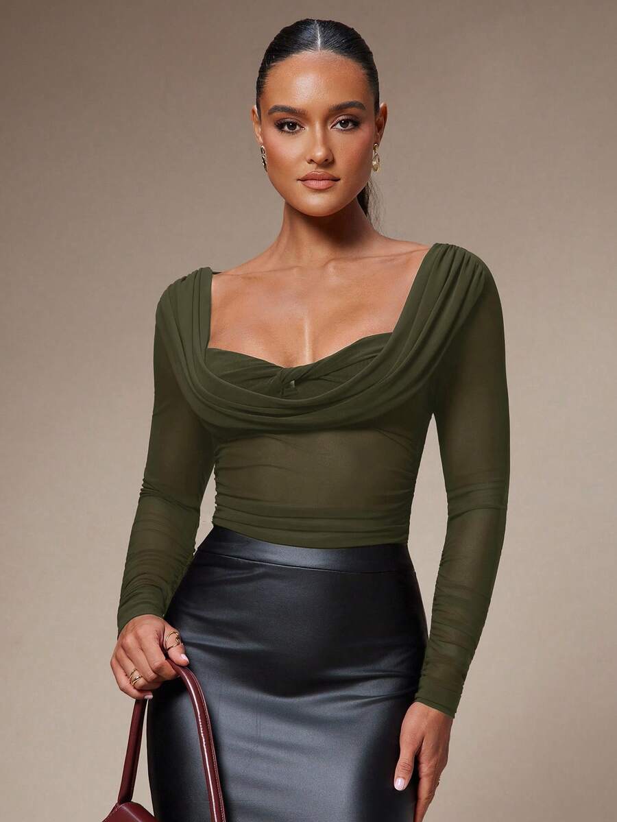 Silquee Women's Solid Color Plunging Neck Long Sleeve Fitted Fashionable Mesh Blouse See Through Top Mesh Top Top Long Sleeve Top