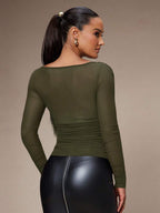 Silquee Women's Solid Color Plunging Neck Long Sleeve Fitted Fashionable Mesh Blouse See Through Top Mesh Top Top Long Sleeve Top