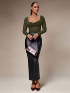 Silquee Women's Solid Color Plunging Neck Long Sleeve Fitted Fashionable Mesh Blouse See Through Top Mesh Top Top Long Sleeve Top