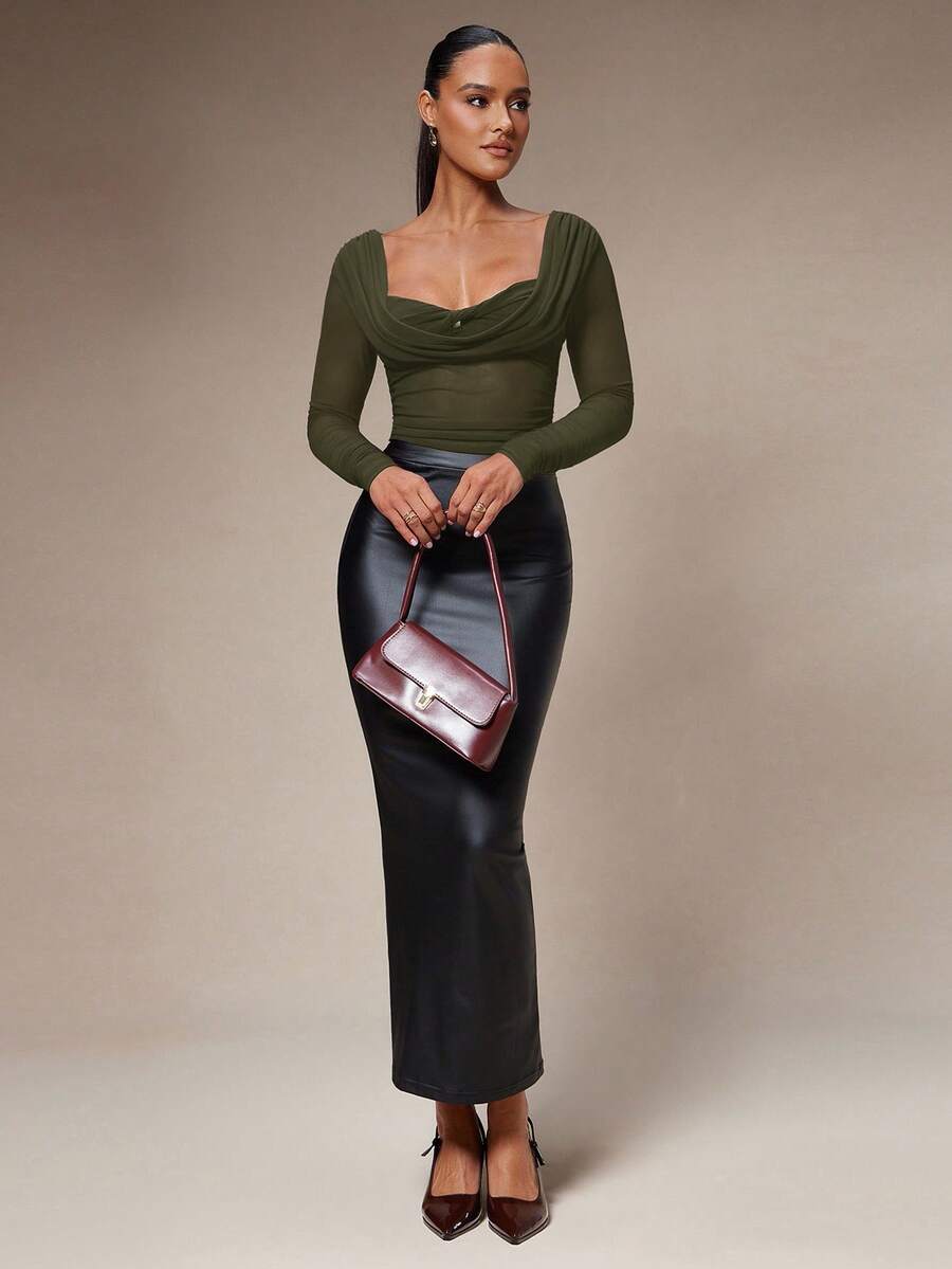 Silquee Women's Solid Color Plunging Neck Long Sleeve Fitted Fashionable Mesh Blouse See Through Top Mesh Top Top Long Sleeve Top