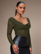 Silquee Women's Solid Color Plunging Neck Long Sleeve Fitted Fashionable Mesh Blouse See Through Top Mesh Top Top Long Sleeve Top