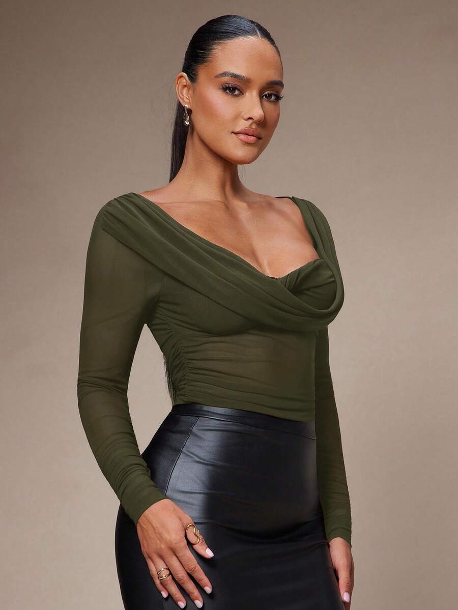 Silquee Women's Solid Color Plunging Neck Long Sleeve Fitted Fashionable Mesh Blouse See Through Top Mesh Top Top Long Sleeve Top