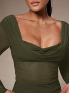 Silquee Women's Solid Color Plunging Neck Long Sleeve Fitted Fashionable Mesh Blouse See Through Top Mesh Top Top Long Sleeve Top