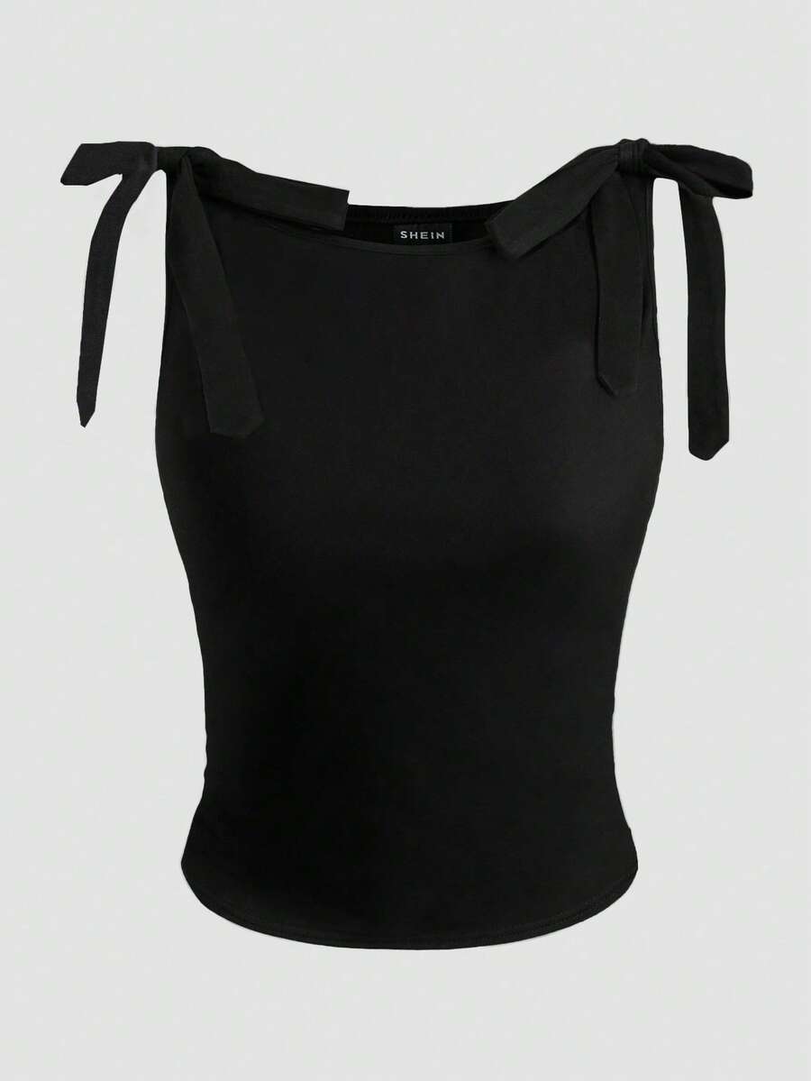 GlowEve Women's Summer Tank Top, Black, Round Neck, Sleeveless, Tie Shoulder Design, Slim Fit, Versatile & Fashionable