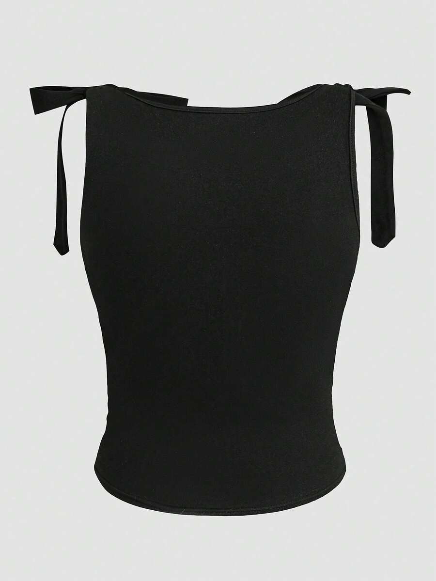 GlowEve Women's Summer Tank Top, Black, Round Neck, Sleeveless, Tie Shoulder Design, Slim Fit, Versatile & Fashionable