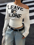 Muchica Women's White Letter Print Oblique Shoulder Cinched Waist Cropped Long Sleeve T-Shirt For Going Out Outfits, Streetwear, Y2K Clothes