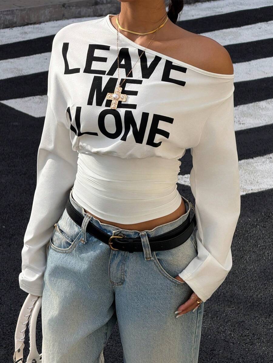 Muchica Women's White Letter Print Oblique Shoulder Cinched Waist Cropped Long Sleeve T-Shirt For Going Out Outfits, Streetwear, Y2K Clothes