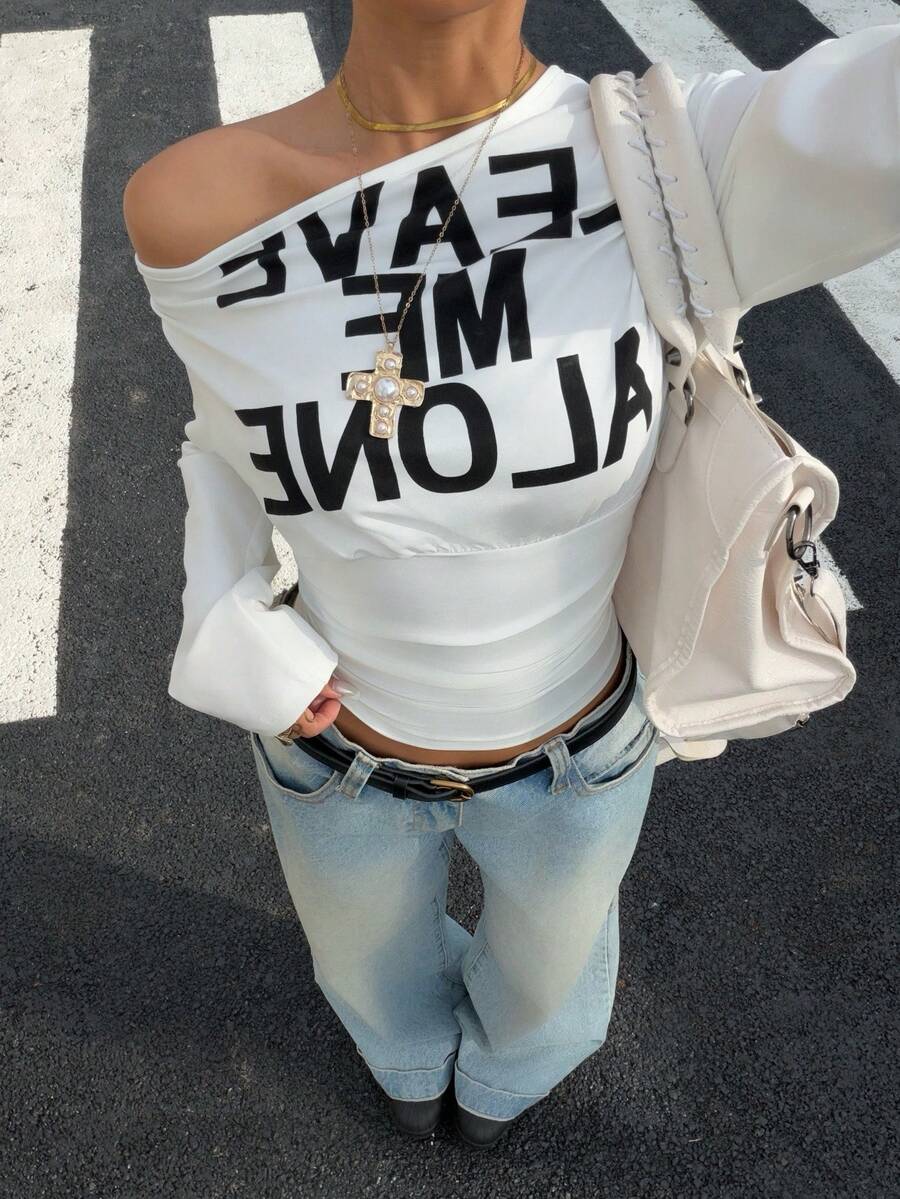 Muchica Women's White Letter Print Oblique Shoulder Cinched Waist Cropped Long Sleeve T-Shirt For Going Out Outfits, Streetwear, Y2K Clothes