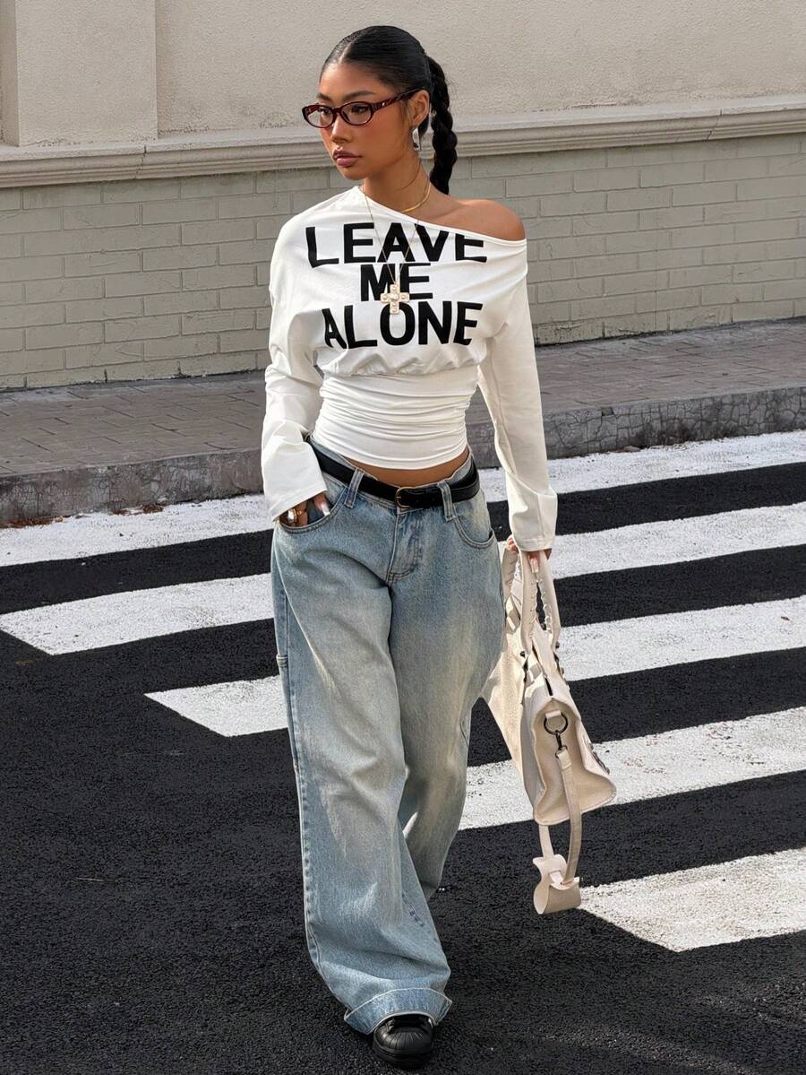 Muchica Women's White Letter Print Oblique Shoulder Cinched Waist Cropped Long Sleeve T-Shirt For Going Out Outfits, Streetwear, Y2K Clothes