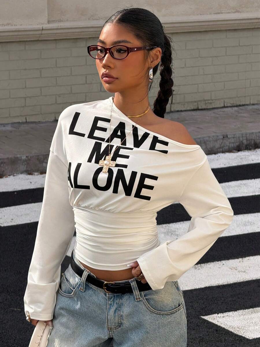 Muchica Women's White Letter Print Oblique Shoulder Cinched Waist Cropped Long Sleeve T-Shirt For Going Out Outfits, Streetwear, Y2K Clothes