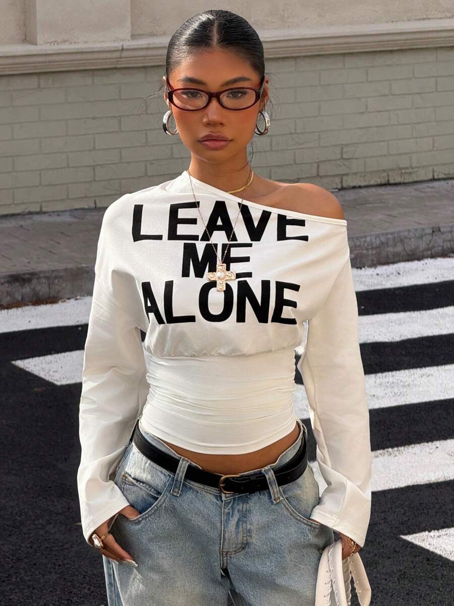 Muchica Women's White Letter Print Oblique Shoulder Cinched Waist Cropped Long Sleeve T-Shirt For Going Out Outfits, Streetwear, Y2K Clothes
