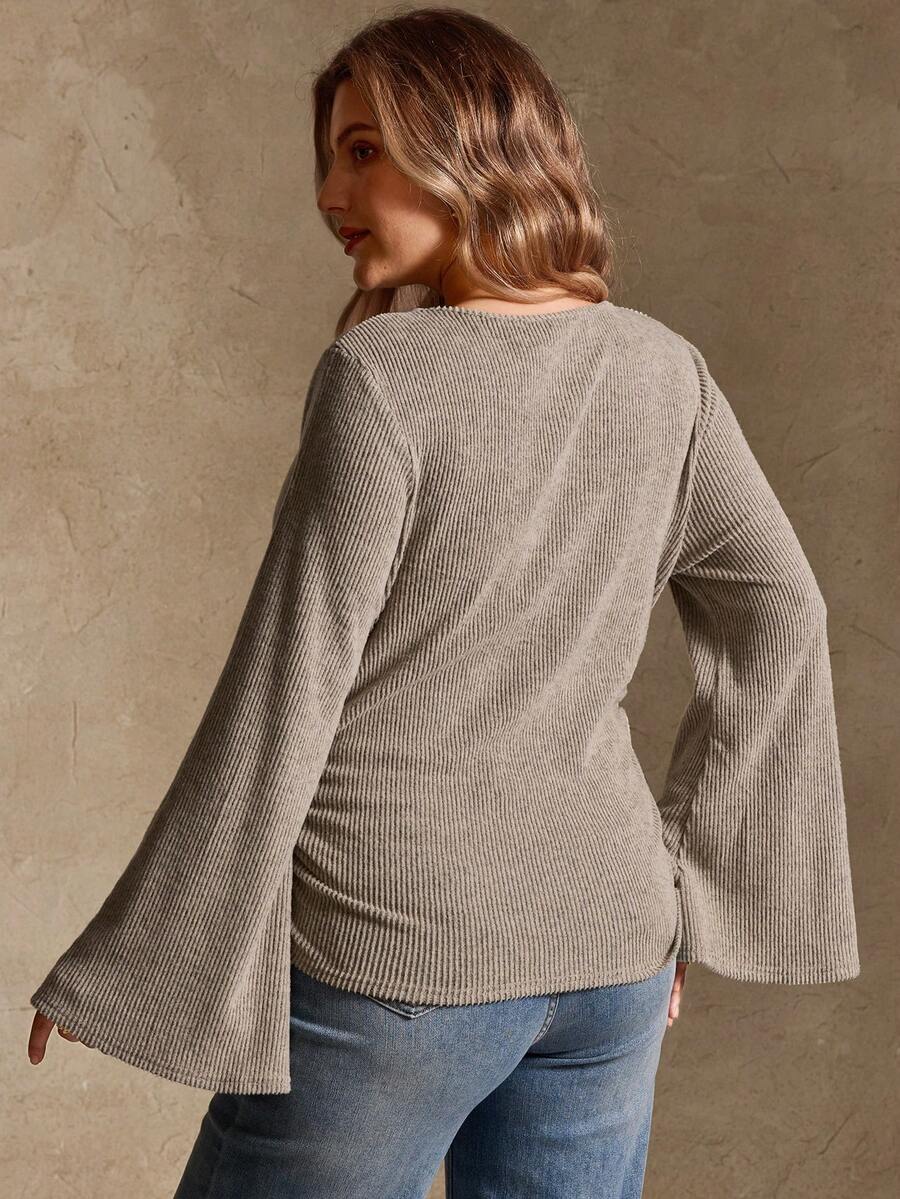 Elegantrix Plus Size Women Loose Collar Flare Sleeve Gathered Waist Ruched Chiffon Knit Casual Top, Autumn/Winter