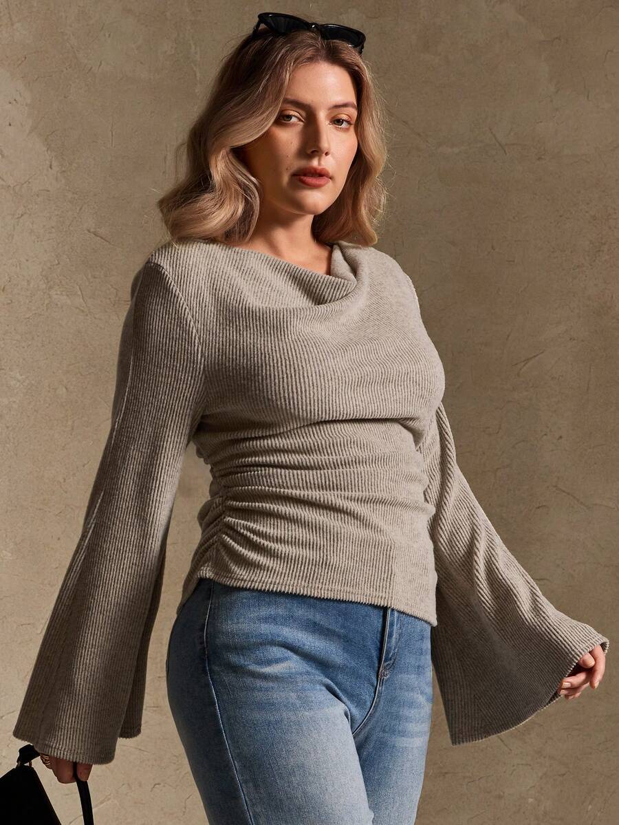 Elegantrix Plus Size Women Loose Collar Flare Sleeve Gathered Waist Ruched Chiffon Knit Casual Top, Autumn/Winter