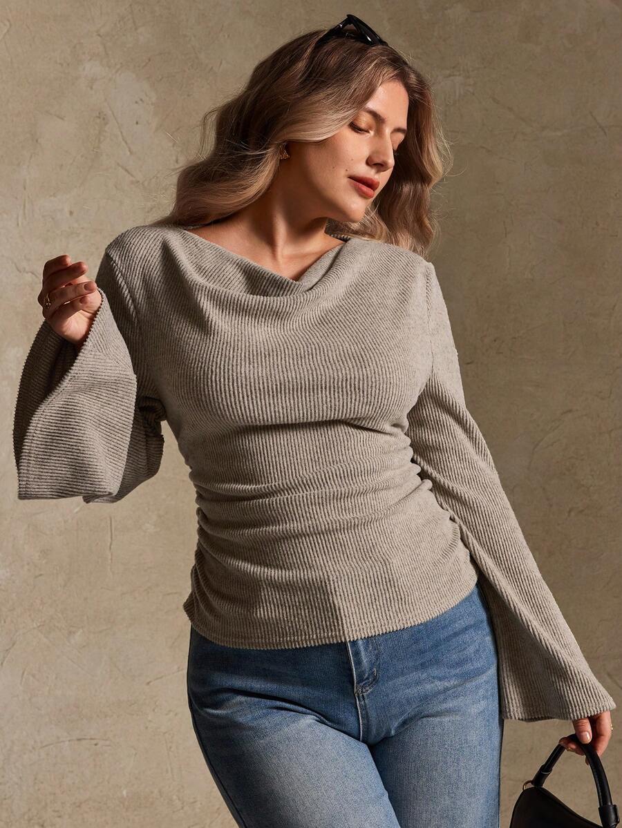 Elegantrix Plus Size Women Loose Collar Flare Sleeve Gathered Waist Ruched Chiffon Knit Casual Top, Autumn/Winter