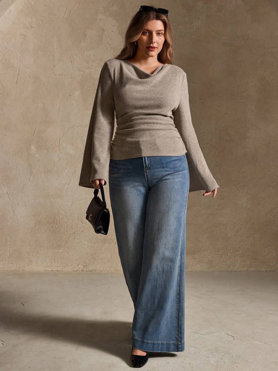 Elegantrix Plus Size Women Loose Collar Flare Sleeve Gathered Waist Ruched Chiffon Knit Casual Top, Autumn/Winter