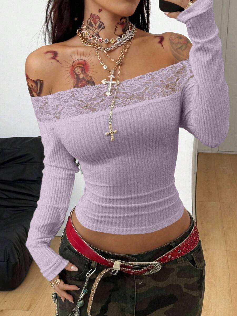 Coolane Women's Winter  Streetwear Party Casual Vintage Chic  Y2K Punk Rib Knit Striped Warm Lace Black Off The Shoulder Long Sleeve T-Shirt,Black Top