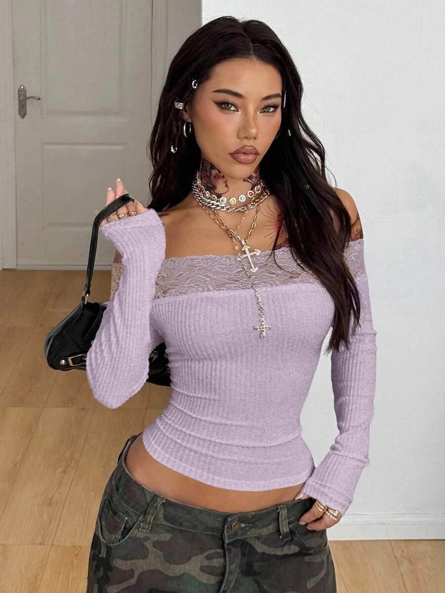 Coolane Women's Winter Streetwear Basic Casual Y2K Rib Knit Witchy Goth Music Festival  Lace Patchwork Off The Shoulder Warm/ Cold Weather/ Thermal Long Sleeve Black Top