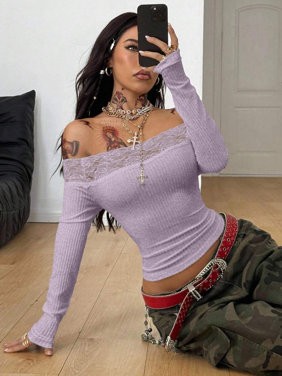 Coolane Women's Winter Streetwear Basic Casual Y2K Rib Knit Witchy Goth Music Festival  Lace Patchwork Off The Shoulder Warm/ Cold Weather/ Thermal Long Sleeve Black Top