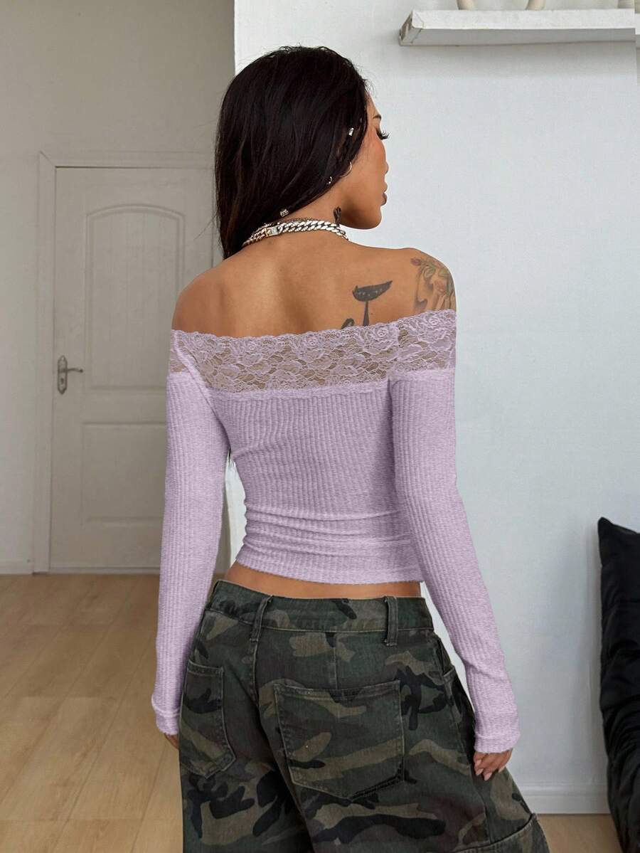 Coolane Women's Winter Streetwear Basic Casual Y2K Rib Knit Witchy Goth Music Festival  Lace Patchwork Off The Shoulder Warm/ Cold Weather/ Thermal Long Sleeve Black Top