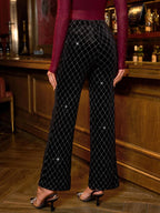 SHEIN Clasi Summer Elegant Women's Plaid Printed Elastic Knitted Pants, Suitable For Various Occasions, Suitable For Summer Vacation, Elegant Travel, And Daily Commuting Business Casual Woman