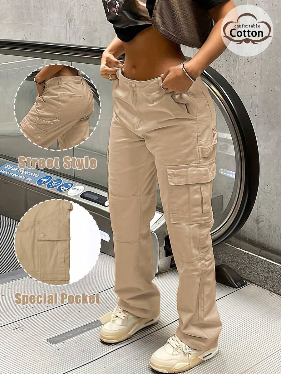 GILIPUR New Solid Color Women's Cargo Wide-Leg Pants, Elastic Waist Design, Multiple Pockets, Casual Style, Y2K Style, Elegant And Fashionable, Suitable Streetwear, 2000s Style, Autumn And Winter Outfits, Retro Clothing Style Perfect For New Year Winter And Thanksgiving
