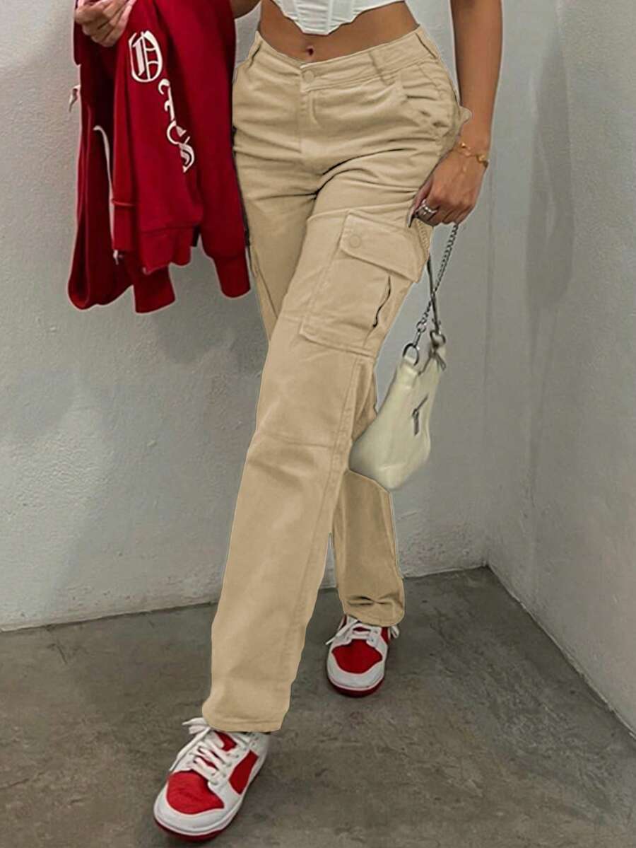 GILIPUR New Solid Color Women's Cargo Wide-Leg Pants, Elastic Waist Design, Multiple Pockets, Casual Style, Y2K Style, Elegant And Fashionable, Suitable Streetwear, 2000s Style, Autumn And Winter Outfits, Retro Clothing Style Perfect For New Year Winter And Thanksgiving