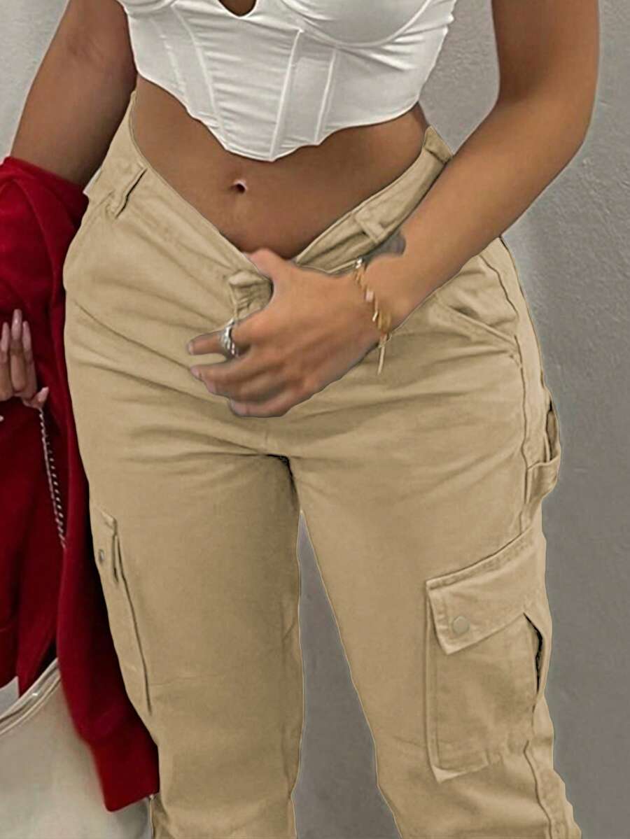 GILIPUR New Solid Color Women's Cargo Wide-Leg Pants, Elastic Waist Design, Multiple Pockets, Casual Style, Y2K Style, Elegant And Fashionable, Suitable Streetwear, 2000s Style, Autumn And Winter Outfits, Retro Clothing Style Perfect For New Year Winter And Thanksgiving