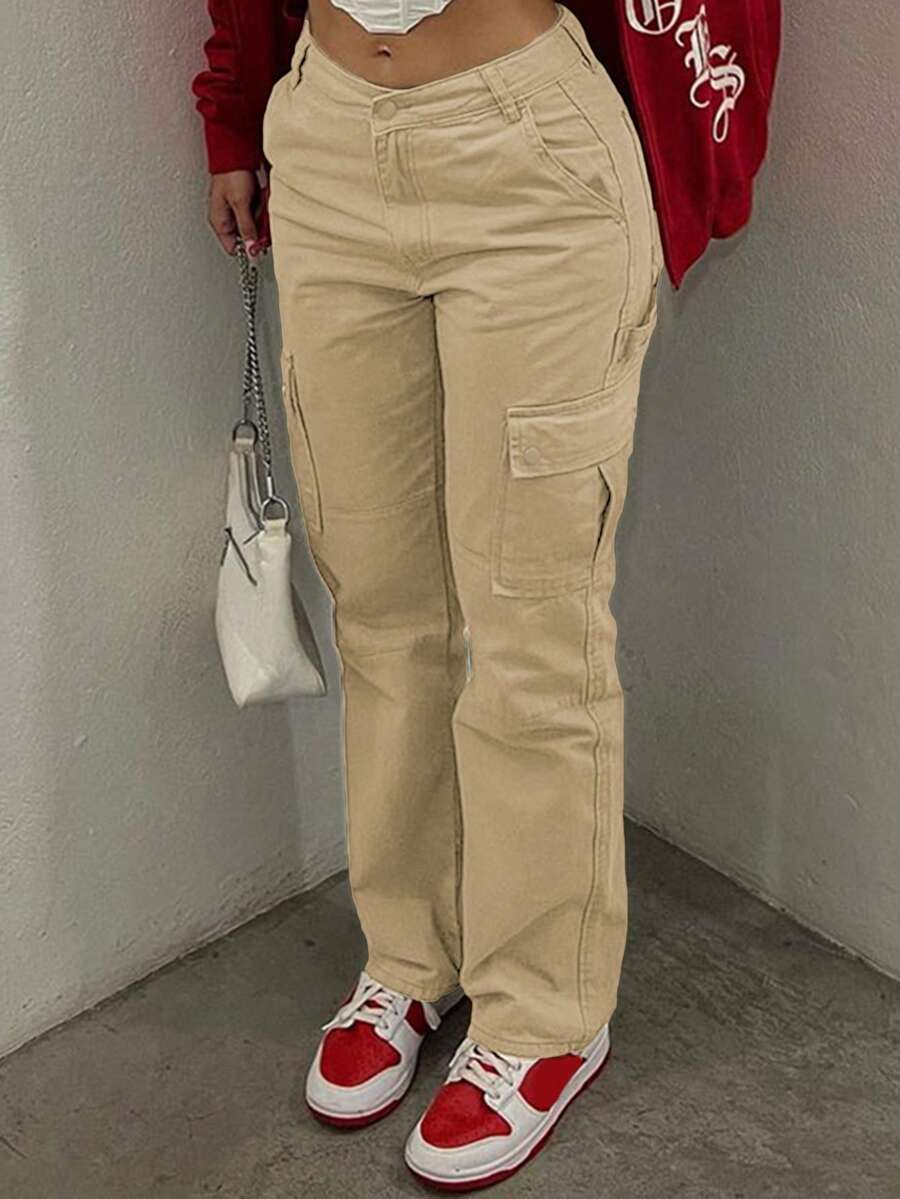 GILIPUR New Solid Color Women's Cargo Wide-Leg Pants, Elastic Waist Design, Multiple Pockets, Casual Style, Y2K Style, Elegant And Fashionable, Suitable Streetwear, 2000s Style, Autumn And Winter Outfits, Retro Clothing Style Perfect For New Year Winter And Thanksgiving