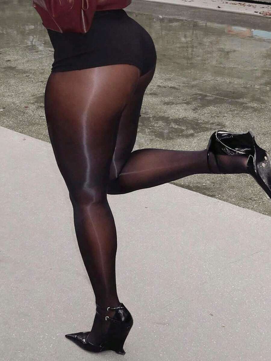 1pc Plus Size Shiny Leggings 20D (XS-5XL) - Black High Gloss Tights, Slimming And Lifting, And Versatile