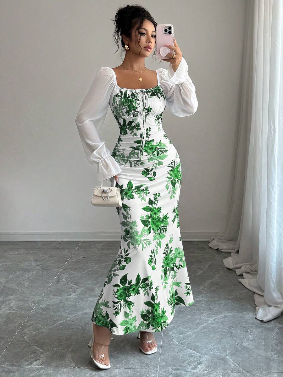 Elenzga New Women's Square Neck Tie Bow Chiffon Puff Sleeve Design Dress, Versatile For Dates, Gatherings, Daily Wear, Waist Cinching, Flattering, Elegant, Youthful, Long Dress For Spring, Summer, Autumn