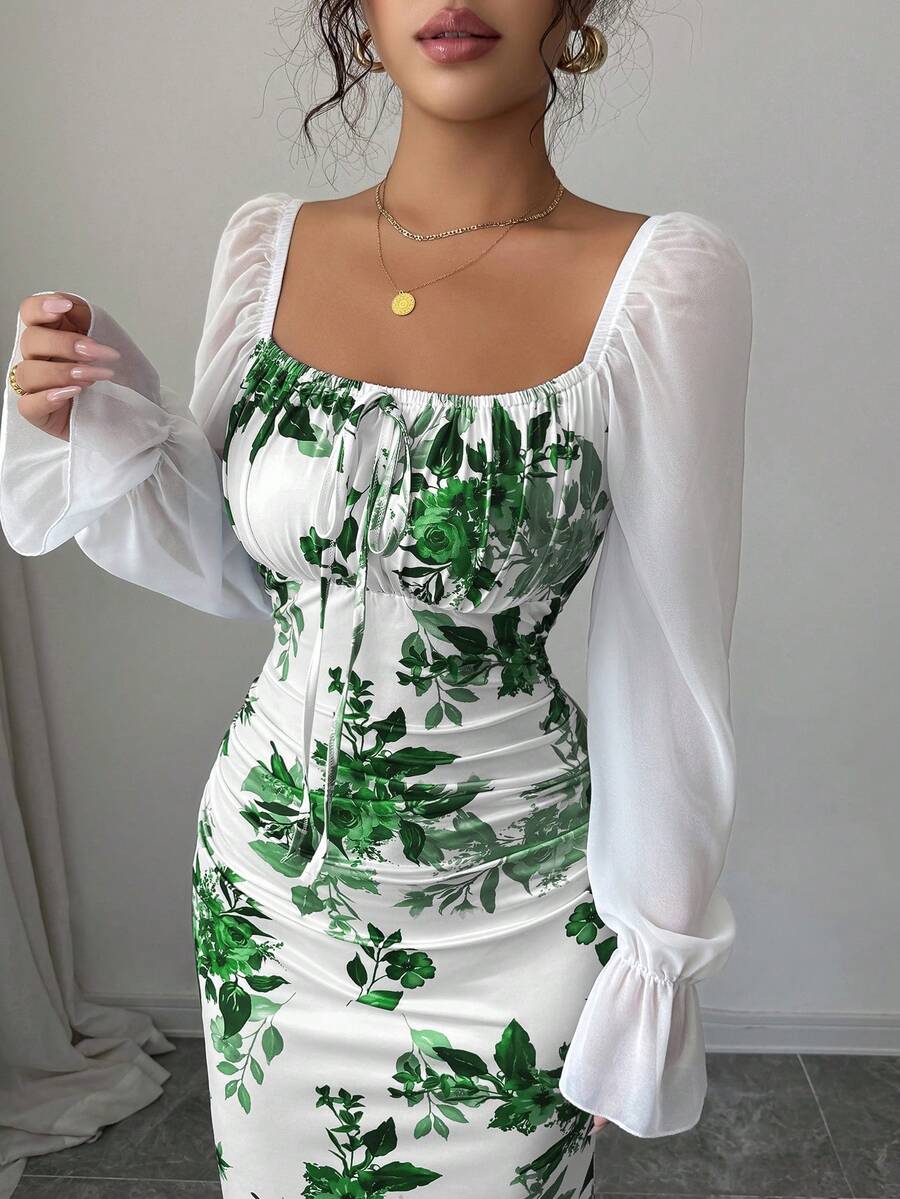 Elenzga New Women's Square Neck Tie Bow Chiffon Puff Sleeve Design Dress, Versatile For Dates, Gatherings, Daily Wear, Waist Cinching, Flattering, Elegant, Youthful, Long Dress For Spring, Summer, Autumn