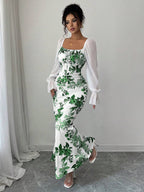 Elenzga New Women's Square Neck Tie Bow Chiffon Puff Sleeve Design Dress, Versatile For Dates, Gatherings, Daily Wear, Waist Cinching, Flattering, Elegant, Youthful, Long Dress For Spring, Summer, Autumn