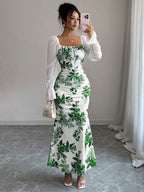 Elenzga New Women's Square Neck Tie Bow Chiffon Puff Sleeve Design Dress, Versatile For Dates, Gatherings, Daily Wear, Waist Cinching, Flattering, Elegant, Youthful, Long Dress For Spring, Summer, Autumn