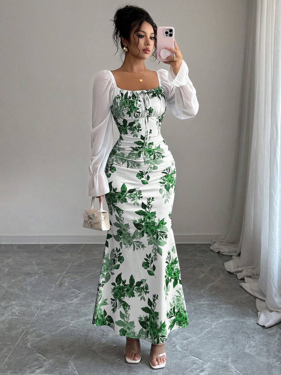 Elenzga New Women's Square Neck Tie Bow Chiffon Puff Sleeve Design Dress, Versatile For Dates, Gatherings, Daily Wear, Waist Cinching, Flattering, Elegant, Youthful, Long Dress For Spring, Summer, Autumn