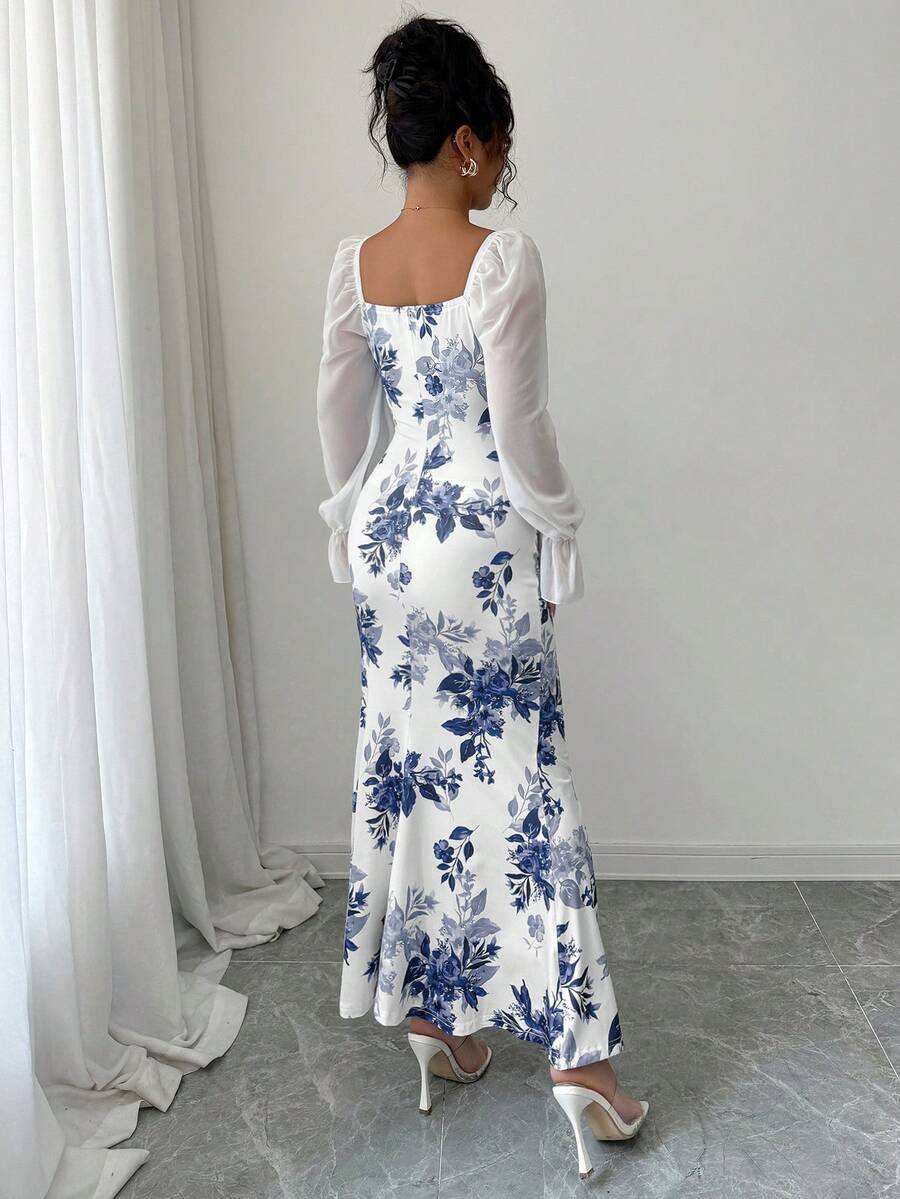 Elenzga New Women's Square Neck Tie Bow Chiffon Puff Sleeve Design Dress, Versatile For Dates, Gatherings, Daily Wear, Waist Cinching, Flattering, Elegant, Youthful, Long Dress For Spring, Summer, Autumn