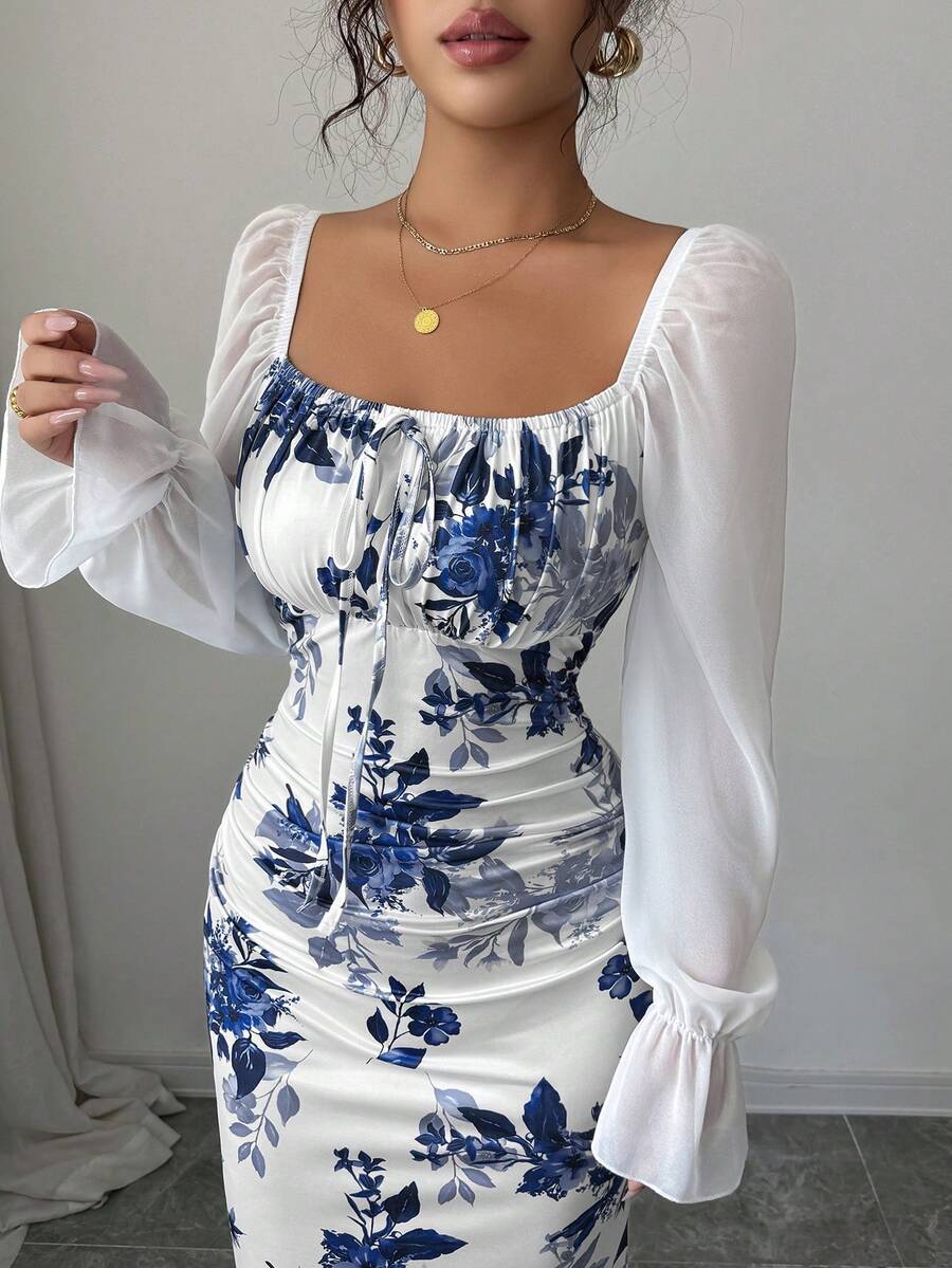 Elenzga New Women's Square Neck Tie Bow Chiffon Puff Sleeve Design Dress, Versatile For Dates, Gatherings, Daily Wear, Waist Cinching, Flattering, Elegant, Youthful, Long Dress For Spring, Summer, Autumn