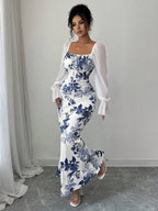 Elenzga New Women's Square Neck Tie Bow Chiffon Puff Sleeve Design Dress, Versatile For Dates, Gatherings, Daily Wear, Waist Cinching, Flattering, Elegant, Youthful, Long Dress For Spring, Summer, Autumn