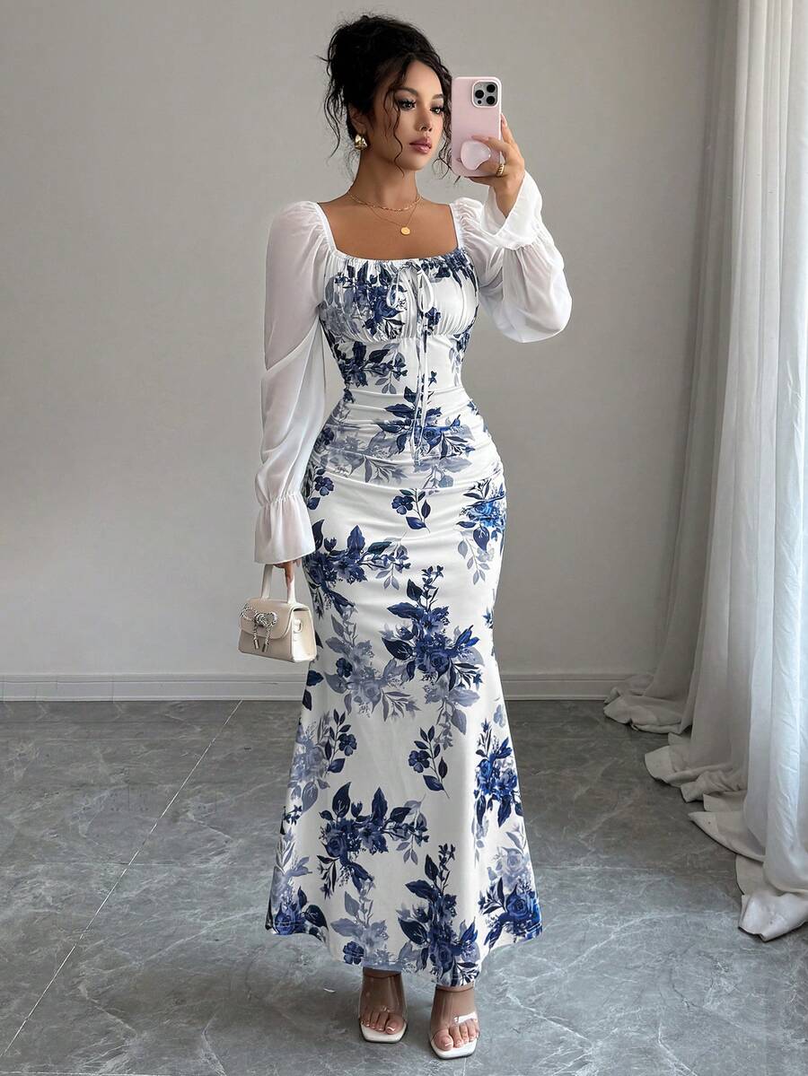 Elenzga New Women's Square Neck Tie Bow Chiffon Puff Sleeve Design Dress, Versatile For Dates, Gatherings, Daily Wear, Waist Cinching, Flattering, Elegant, Youthful, Long Dress For Spring, Summer, Autumn
