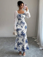 Elenzga New Women's Square Neck Tie Bow Chiffon Puff Sleeve Design Dress, Versatile For Dates, Gatherings, Daily Wear, Waist Cinching, Flattering, Elegant, Youthful, Long Dress For Spring, Summer, Autumn
