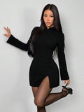 SHEIN PETITE New Design Valentine's Day/Chinese New Year Outfit: Vintage Coin Pattern Stand Collar Fitted & Flared Cuff Elegant Red Dress, Suitable For Date And Party Split Thigh Dress