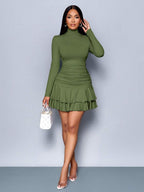 SOLERSUN Winter Clothes For Women Dresses For Women Elegant Elegant Party Daytime Apricot Knitted High Neck Long Sleeves Gathered Double Ruffled Mini Dress Fall Cloth For Women