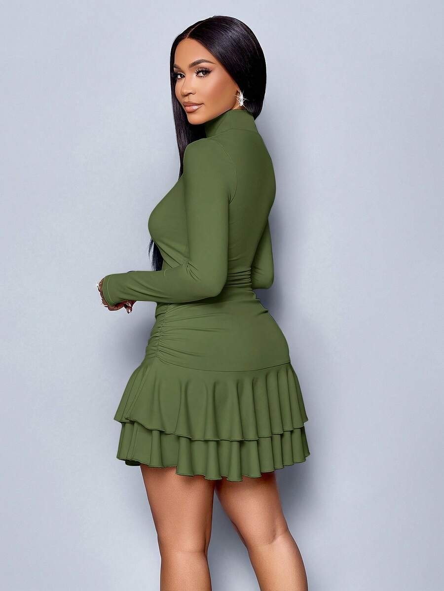 SOLERSUN Winter Clothes For Women Dresses For Women Elegant Elegant Party Daytime Apricot Knitted High Neck Long Sleeves Gathered Double Ruffled Mini Dress Fall Cloth For Women