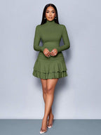 SOLERSUN Winter Clothes For Women Dresses For Women Elegant Elegant Party Daytime Apricot Knitted High Neck Long Sleeves Gathered Double Ruffled Mini Dress Fall Cloth For Women